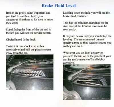 Engine bay photos showing brake fluid container location and service screen latch highlighted in red circle.