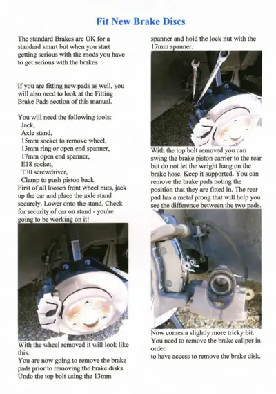 Service manual page with text instructions and three photographs of brake disc removal steps on a smart car.