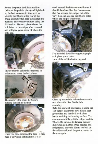 Step-by-step brake disk and caliper service photos showing bolt locations, rust removal, and ABS sensor ring.