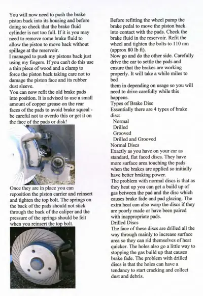 Service instructions for brake pad reinstallation and brake disc type reference guide with photos.