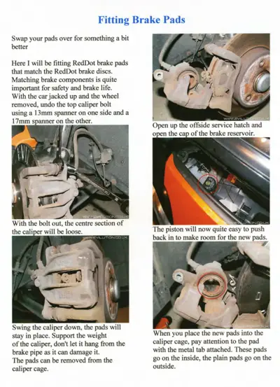 Step-by-step brake pad replacement with six photos of caliper assembly and positioning.