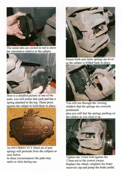 Six photos demonstrating brake pad installation, spring placement, and caliper reassembly steps with numbered callouts.