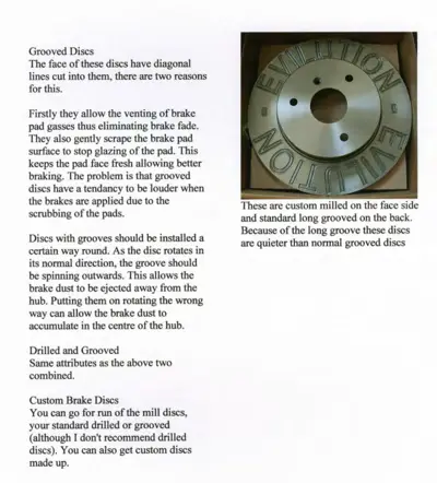 Grooved brake disc photo and technical description of groove functions and installation requirements.