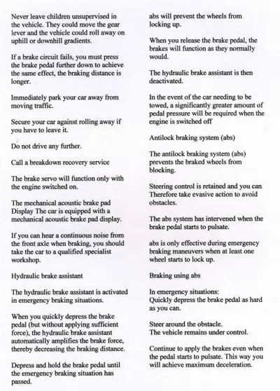 Owner manual text describing brake failure procedures, ABS function, and emergency braking techniques.