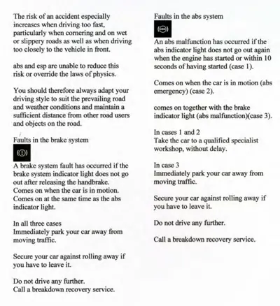 Text page describing brake and ABS system faults, indicator lights, and what to do in each case.