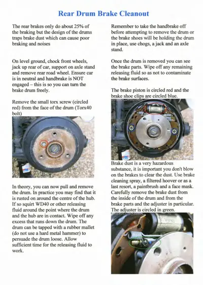Service manual page showing rear brake drum disassembly and component identification with three photos.