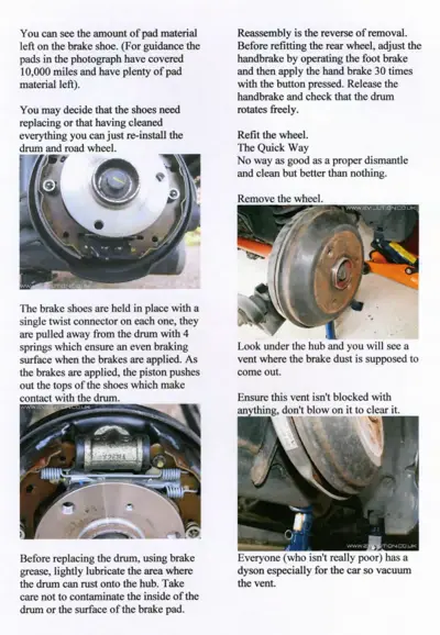 Service manual page showing brake drum components, shoe wear inspection, and brake system reassembly steps with photographs.
