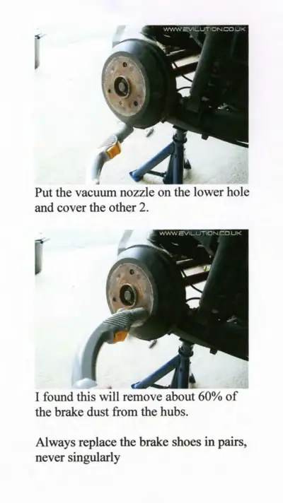 Two photos showing vacuum nozzle placement on brake hub holes to remove brake dust.