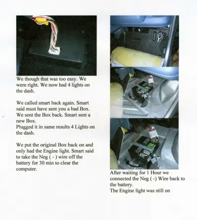 Photos showing ECU box removal from under dashboard and battery negative wire disconnection steps