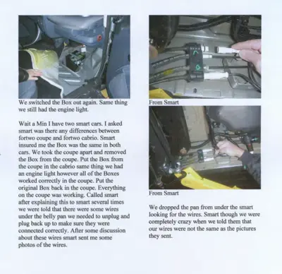 Three photos showing ECU connectors and wiring harness installation in Smart engine bay during diagnostic procedure.