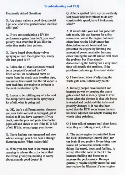 FAQ troubleshooting page with questions and answers about dump valves, engine safe mode, waste gate, and ECU remaps.