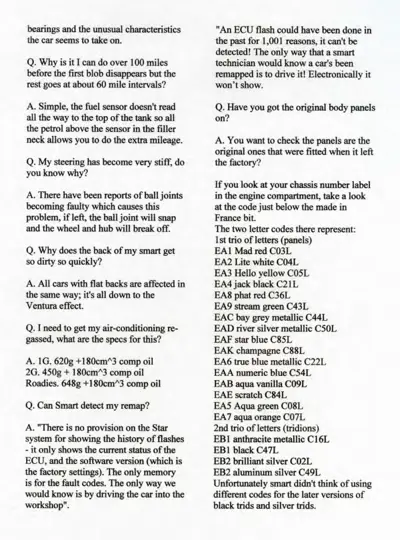 Text-based FAQ with questions and answers about Smart car maintenance and diagnostics