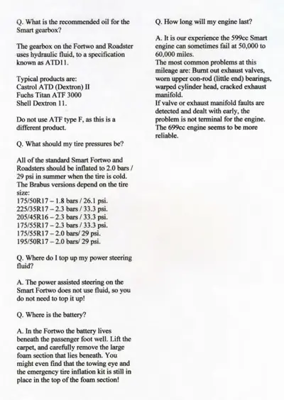 Text-only FAQ page with maintenance and specification questions and answers for Smart vehicles.