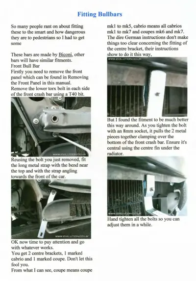 Step-by-step photos showing front bull bar mounting bracket attachment to crash bar with bolts and metal straps.