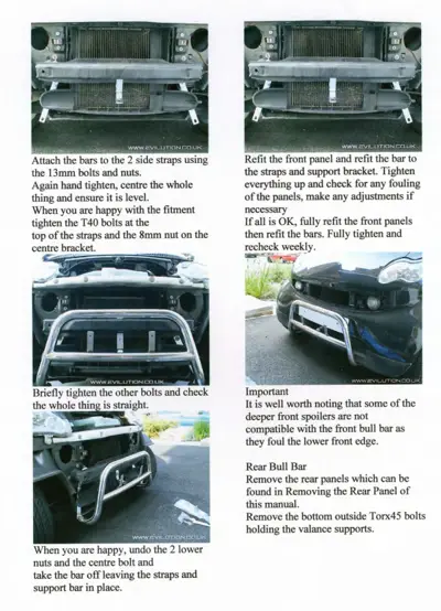 Installation steps for front and rear bull bars with photos of radiator assembly, mounting brackets, and finished installation.