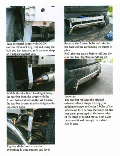 Five photographs demonstrating rear bumper bar installation with metal straps, bolts, and final tightening procedures.