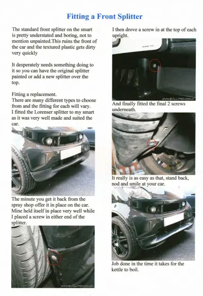 Service manual page showing how to install a front splitter on smart fortwo with screw locations highlighted.