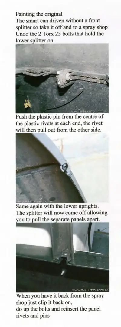 Service procedure photos showing front splitter detachment steps using Torx wrench and plastic rivet removal technique.
