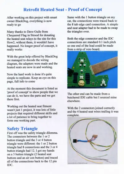 Technical documentation showing circuit board adapter and wiring harness for heated seat retrofit project.