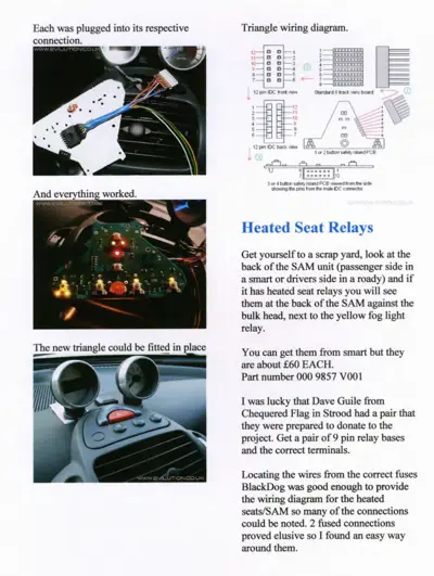 Wiring diagram showing IDC connectors, relay pinouts, and heated seat relay location on SAM module