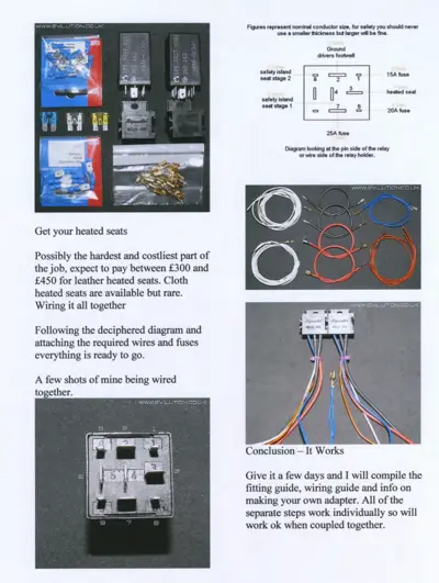Heated seat wiring components including relays, fuses, colored cables, and relay pin diagram.