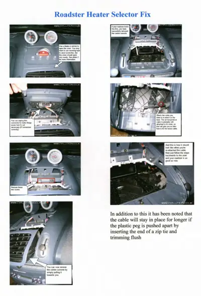 Six instructional photos showing heater selector removal from Smart Roadster dashboard and cable routing details.