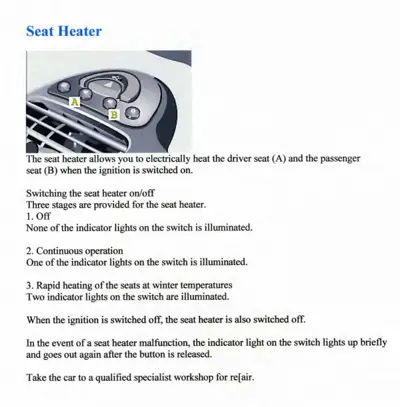 Seat heater switch showing labeled buttons A and B for driver and passenger seat heating control.