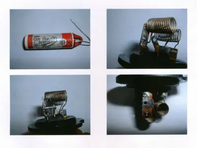 Four views of an inductor coil component showing cylindrical housing, internal windings, and mounting details.