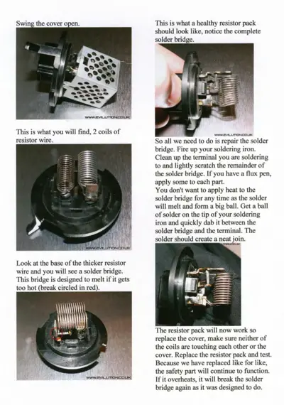 Four photos showing heater resistor pack disassembly, coil inspection, solder bridge repair, and reassembly process.
