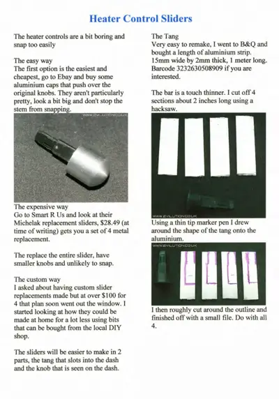Text and photos showing heater control slider replacement methods and custom aluminum slider fabrication steps.