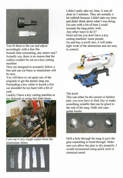 Key cutting and fabrication steps showing blank, scroll saw, shims, and knob options
