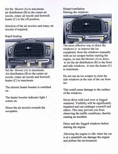 Dashboard showing heater controls labeled A, B, C with instructions for rapid heating and deicing procedures.
