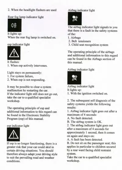 Owner manual page showing dashboard warning light symbols and their meanings for Smart car safety systems.