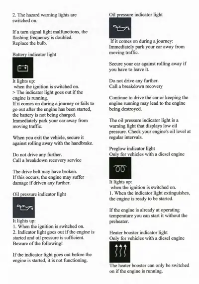 Warning lights guide showing battery, oil pressure, preglow, and heater booster indicator symbols and their meanings.