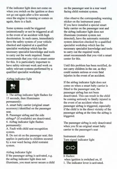Text page describing airbag warning light behavior and turn signal indicator light operation with safety warnings for child restraints.
