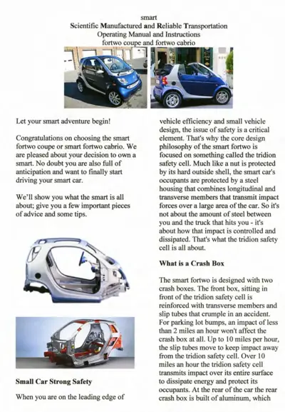 Title page with two smart car photos, tridion safety cell diagram, and crash box structure explanation text.