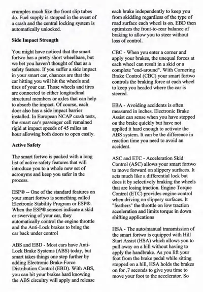 Text page describing active safety features and electronic brake control systems in smart fortwo.