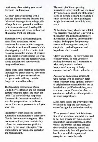 Text page explaining smart car safety features and manual organization structure.