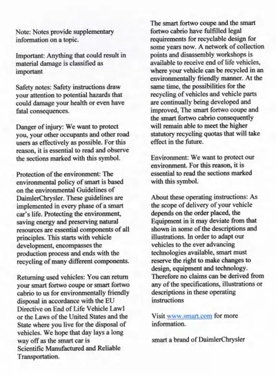 Text page with explanatory notes about manual usage, safety, environment, and vehicle disposal procedures.