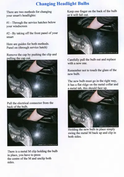 Step-by-step photos of removing and replacing a headlight bulb from inside the engine bay via service hatch access.