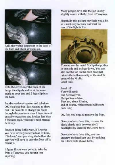 Step-by-step headlight bulb replacement with close-up photos of connector and M-clip details.