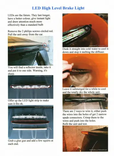Step-by-step LED brake light retrofit guide showing removal, cooling, wiring, and installation of LED light strip.