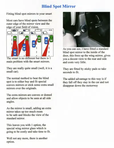 Blind spot mirror fitting instructions with diagrams and photograph of mirror mounted inside car door.