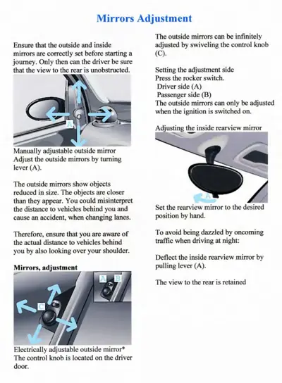 Instruction page showing how to adjust side mirrors and rearview mirror with photos and text directions.