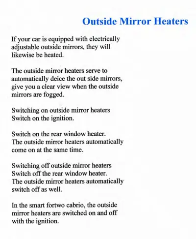 Text instructions for operating outside mirror heaters, including activation via rear window heater switch.