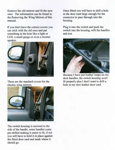Service manual page showing mirror removal steps and switch housing installation on door handle.