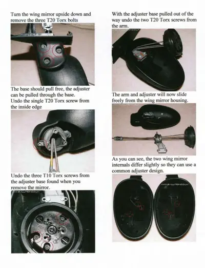 Step-by-step photos of wing mirror disassembly with Torx bolt locations and adjuster mechanism removal.