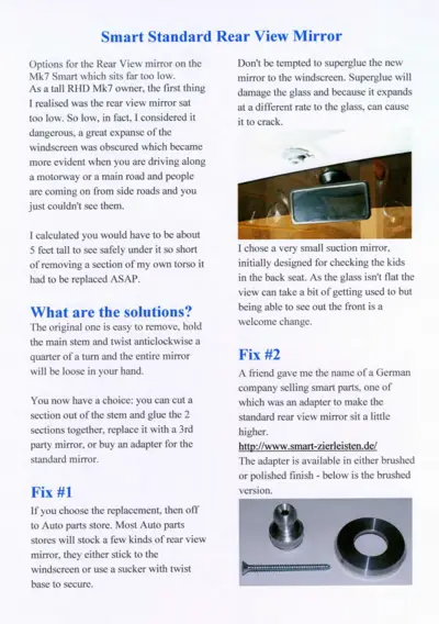 Document page showing rear view mirror adjustment options and aftermarket adapter parts for Smart cars.