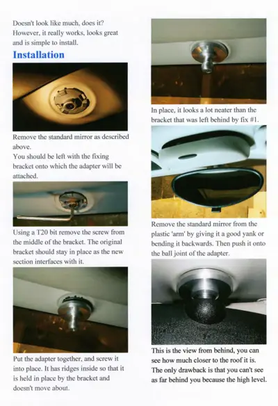 Six step-by-step photos showing how to install an interior mirror adapter on a Smart car roof.