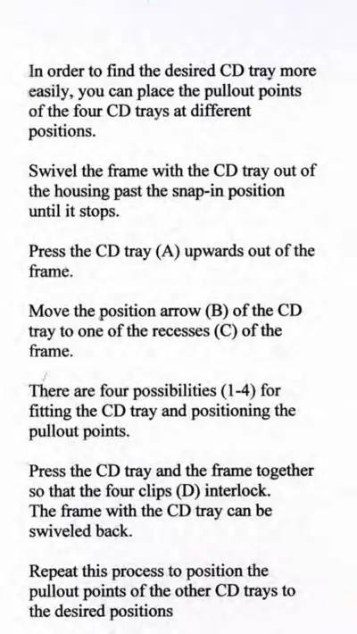 Text instructions for positioning CD trays using pullout points and frame recesses.